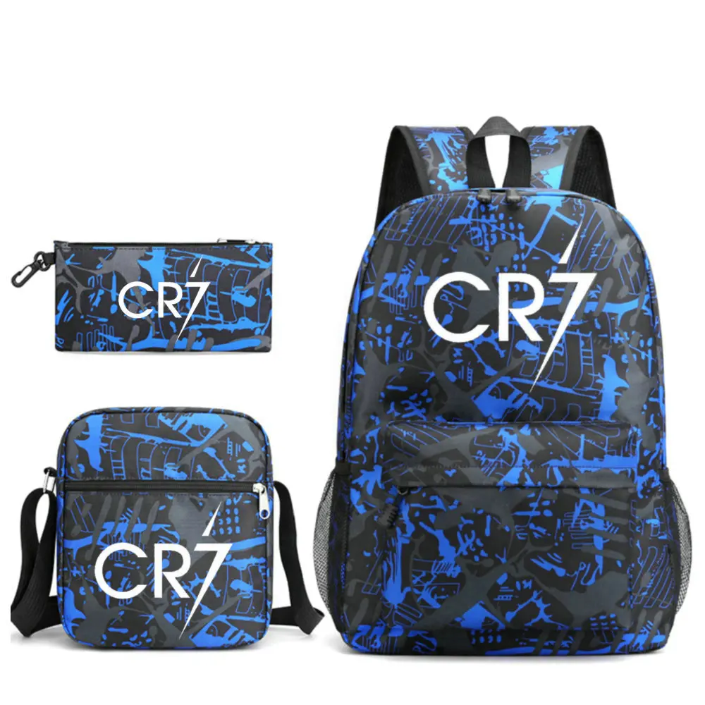 Conjunto de 3 uds. De mochila escolar Cristiano Ronaldo CR7, mochila escolar para estudiantes, niños y niñas, nuevo patrón, mochila de moda CR7