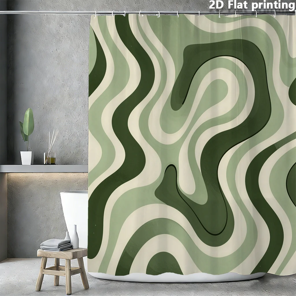 

Green & White Wavy Shower Curtain – Abstract Swirl Print, Polyester, 12 Hooks, Water-Resistant, 180x180cm