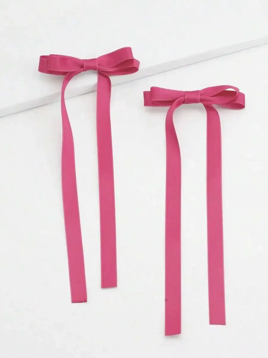 

2pcs Pink Ballet Style Long Ribbon Bow Hair Clips For Women