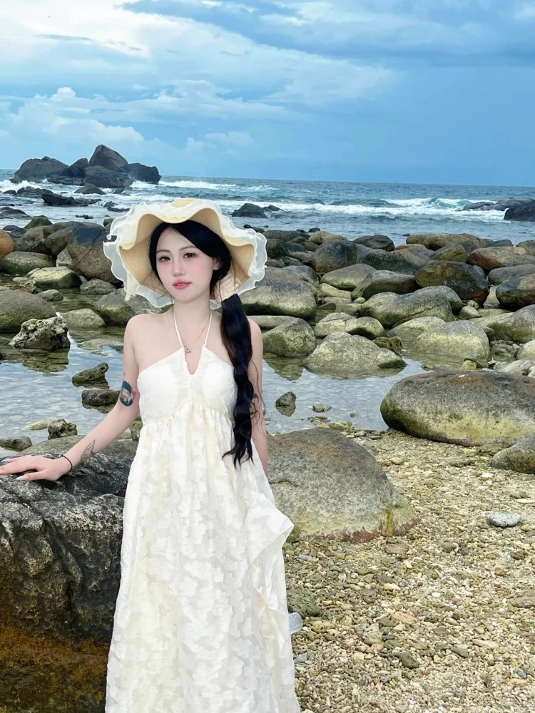 2025 春 ホルターネック バックレス ドレス A ライン パッド入り ビーチ ドレス エレガント レース カットアウト リゾート マキシ ドレス ガールズ レディース