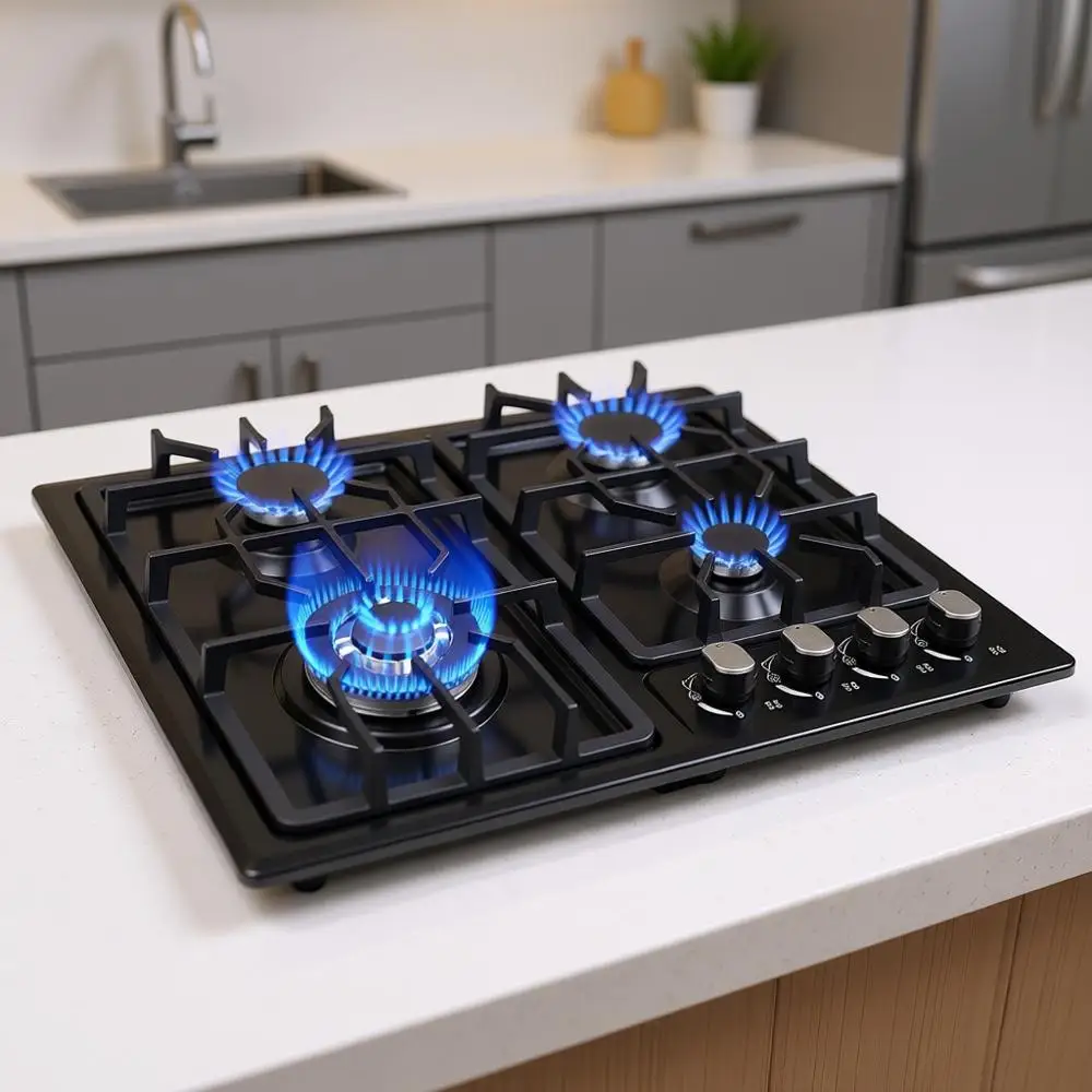 

22 4-Burner Built-In Stainless Steel Gas Cooktop with NG/G Conversion, Thermoprotection & Easy Cleaning