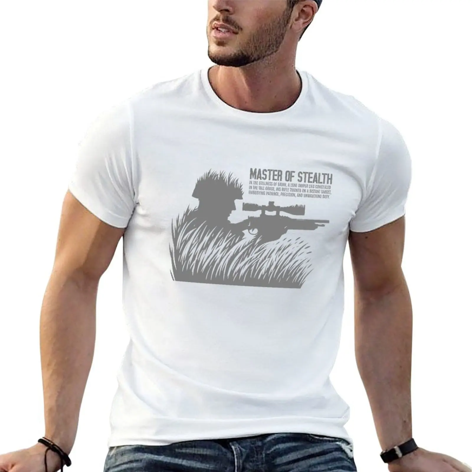 Stealth Sniper: Concealed Precision in Gray T-Shirt blue archive oversized clothing for men
