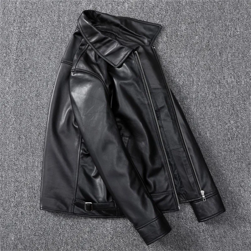 New top-grain leather men's short thin lapel casual coat