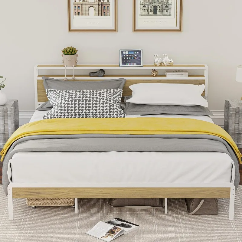 King Size Bed Frame, Platform Bed with 2-Tier Storage Headboard, Solid and Stable, Noise Free, No Box Spring Needed