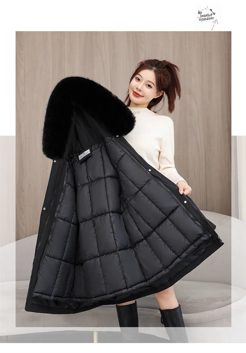 2026 New Winter Coat Down Padded Jacket Women Parkas Fur Collar Thick Hooded Cotton Coats Black Casual Outerwear Female Clothes