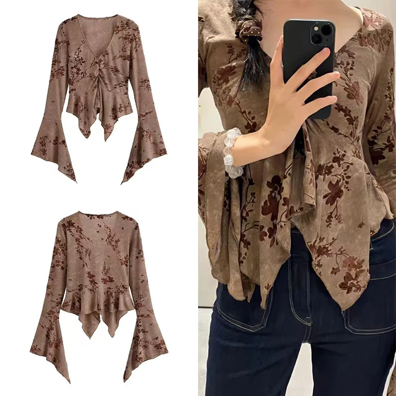 Guobioziy Women Sexy V Neck Asymmetrical Top Long Sleeve Floral Shirt Ruched Waist Romantic Date Night Wear Elegant