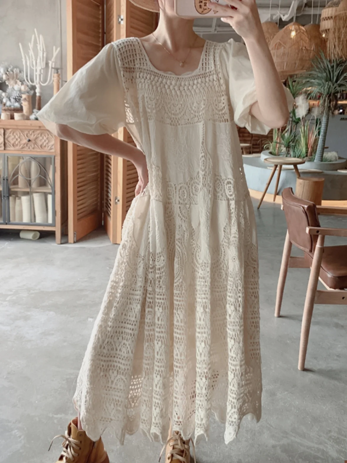 

TIYIHAILEY летние женские вязаные кружевные платья с вышивкой, бежевые свободные женские платья до середины икры с рукавами-фонариками, бежевые, длинные, до середины икры, 2025 г.