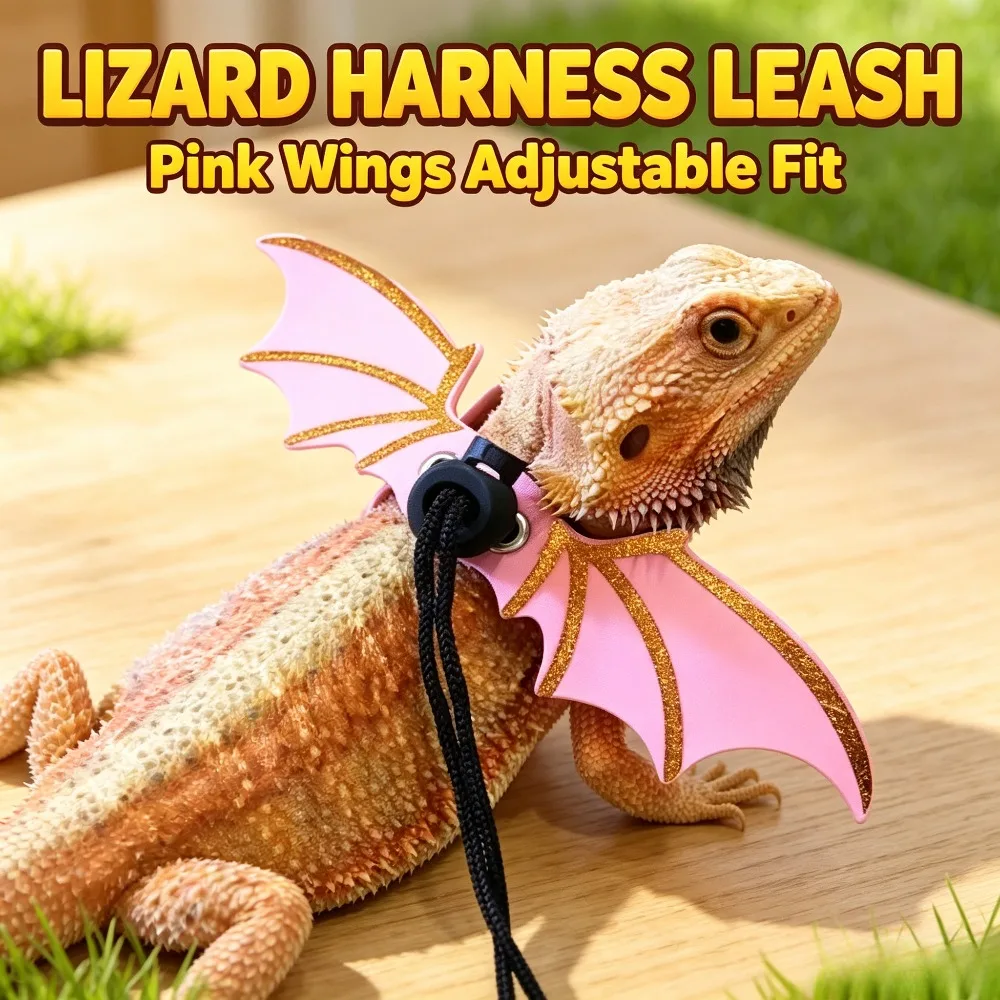 3PCS Bearded Dragon Leash Adjustable Lizard Harness with Bat Wings Soft Leather Reptile Walking Lead for Small Pets