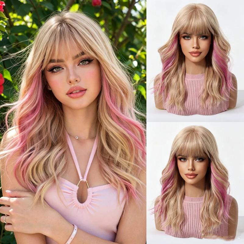 

Long Wavy Wig Women Rose Gold With Bangs Full Head Wig Matte High Temperature synthetic Wig Fiber Natural Daily Party Wear