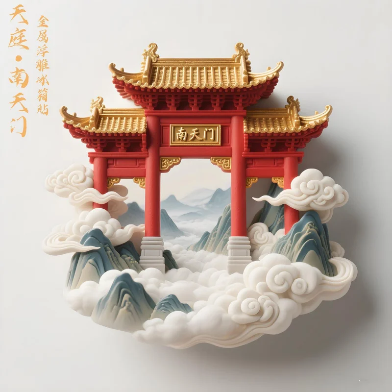 Металлический рельефный магнит на холодильник Tianting Nantianmen3dТримерный музей мифологии Тайшань, сувенир в китайском стиле