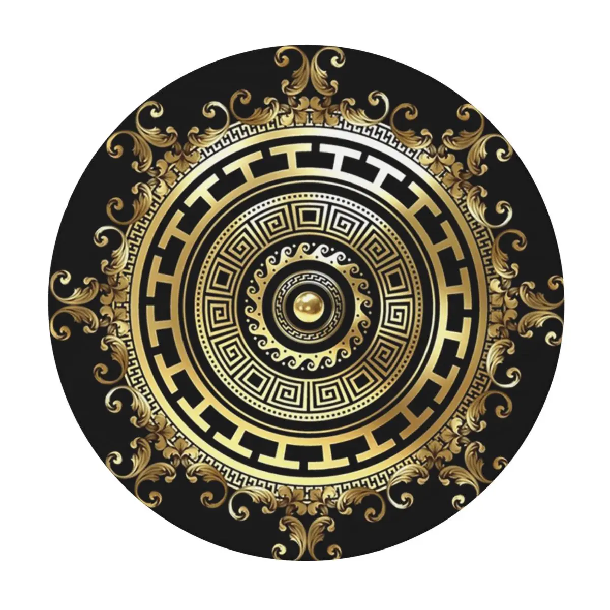 Greek Keys Black Gold Medallion Meander Baroque Waterproof Round Tablecloth Table Cloth for Kitchen Events Dining Table Cover