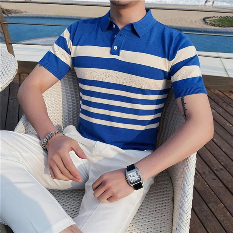 2023 Fashion Clothing Men's knitting Polo Shirt Short Sleeves High Quality Breathable Slim Fit Stripe Summer Top Plus Size 4XL