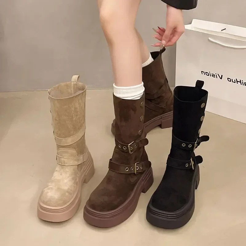 Designer's New Women's Long Boots, Fashionable Height Increasing Outdoor Knight Boots, Retro Waistband Buckle Women's Shoes