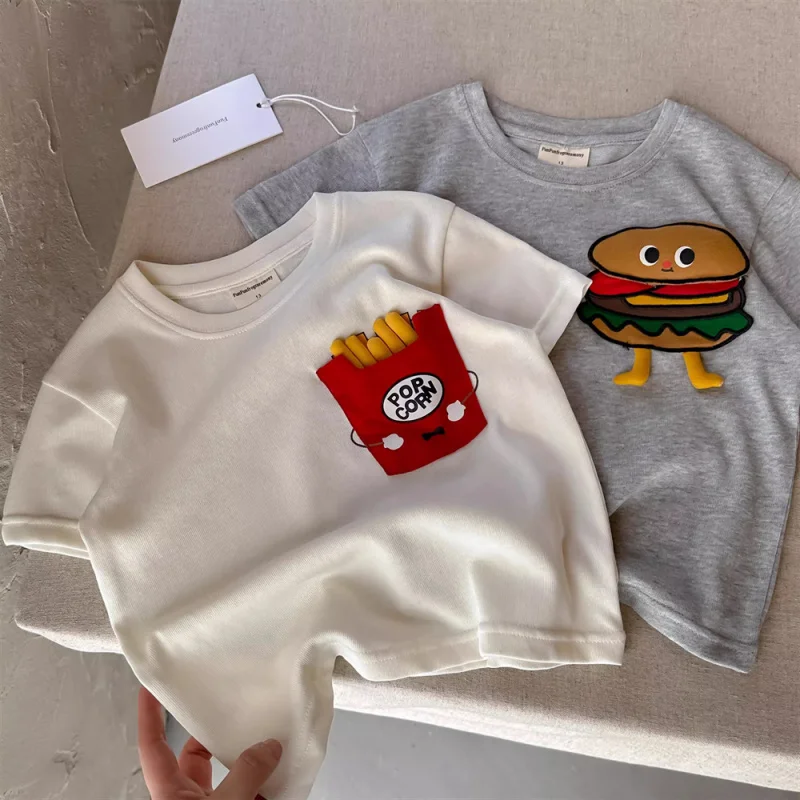 

Children's Short Sleeve Summer Boys and Girls Japanese Style 3D French Fries BurgerTTrendy Baby ToddlerTFashionable T-shirt