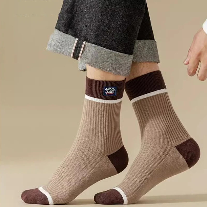 Chaussettes à rayures épaisses pour hommes, haute qualité, automne et hiver, chaussettes mi-tube, nouvelles chaussettes pour hommes, chaussettes en coton de sport EU39-45 5 paires