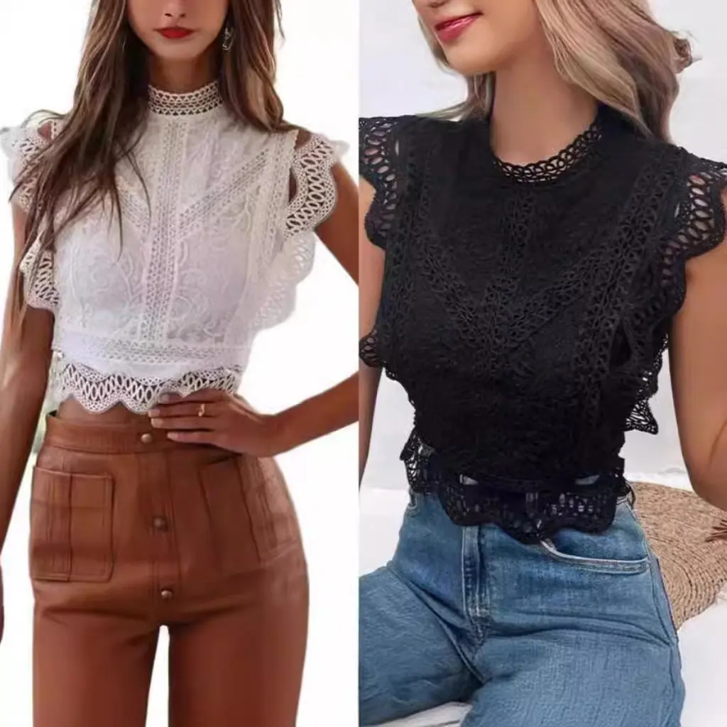 

Women's Sexy Hollow Lace Shirt Solid Color Geometry Top Summer New Europe And America