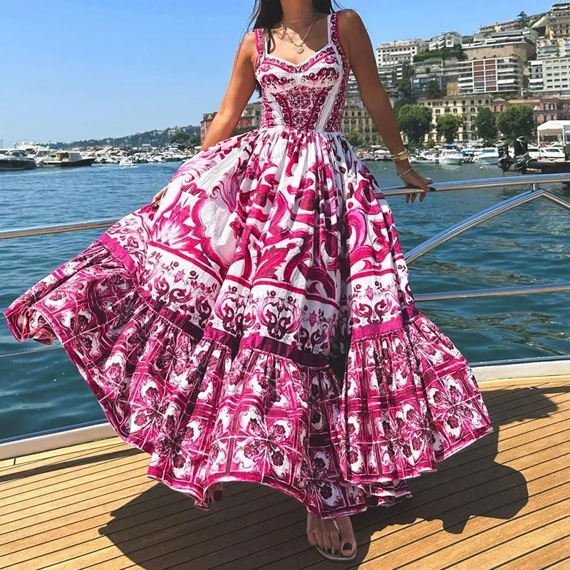 

2024 Summer New Bohemian Elegant Luxury Mid Length Printed Strap Dress Long Dresses for Women