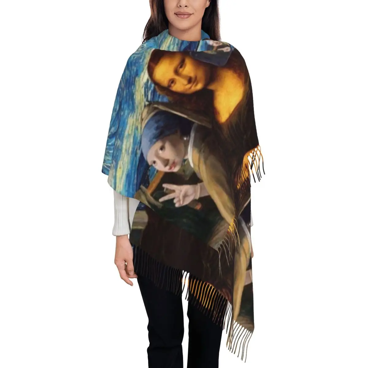 Custom Starry Night By Mona Lisa And Vincent Van Gogh Tassel Scarf Women Winter Warm Shawls Wraps Ladies Art Painting Scarves