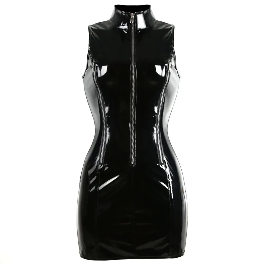 Vestido de couro brilhante feminino, zíper completo erótico, bodycon de couro de PVC brilhante, bolsa sem mangas, mini saia hip