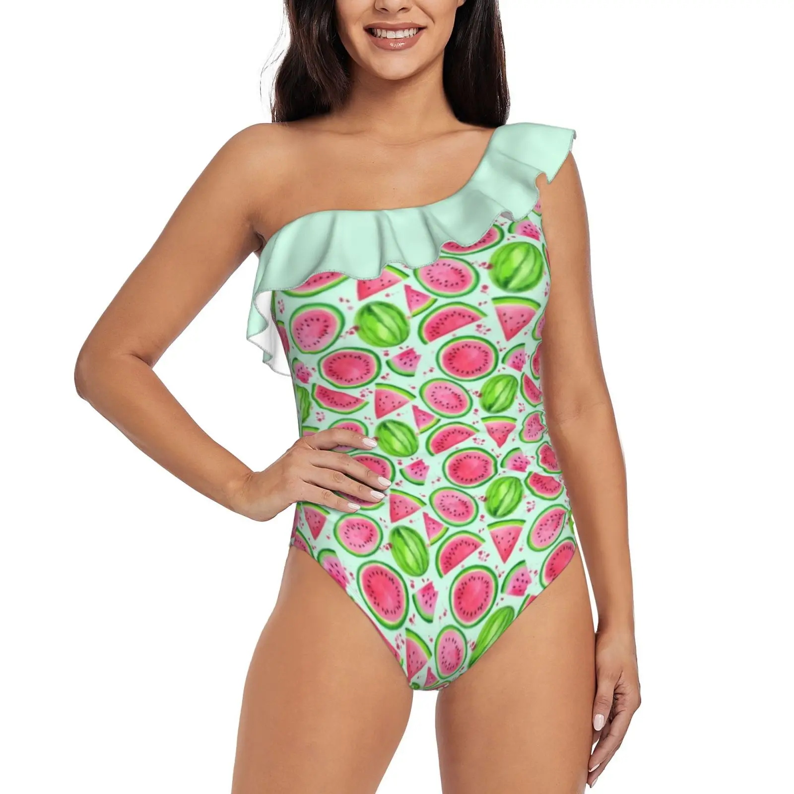 

Nice Melons-Mint One Shoulder Ruffle Swimsuit Women Swimwear Sexy Beach Wear Summer Bathing Suits Watermelon Watermelons