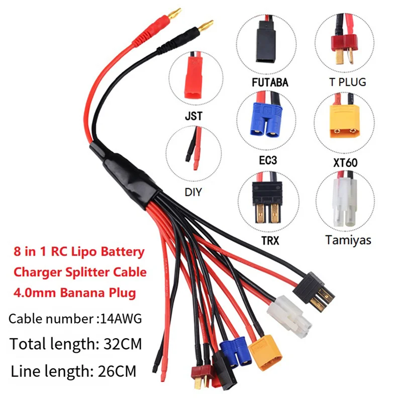 Advanced 8 In 1 RC Lipo Battery Charger Splitter Cable Adapter Connector 4.0Mm Banana Plug To JST T Plug XT60 EC3 Futabas Tamiya