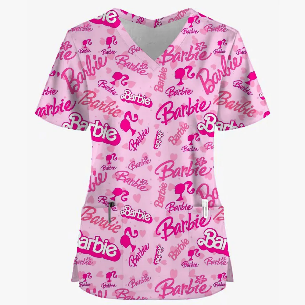 Women Scrub Tops Caps Doctor Barbie Cartoon Print Dentist Shirt Dental Uniform Nurse Doctor V-Neck Hospital Medical Blouse SPA