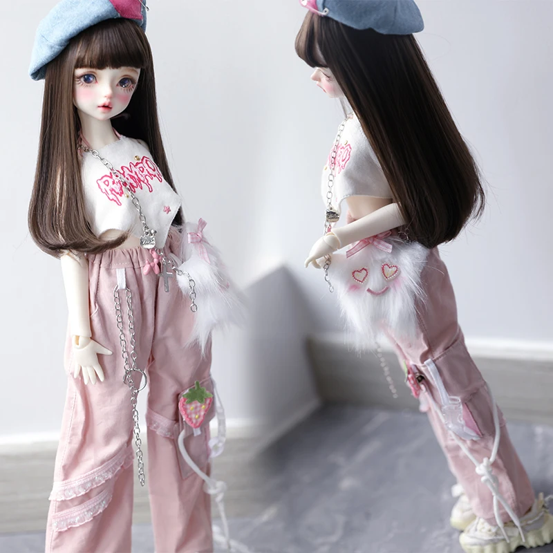 BJD doll clothes for 1/4 1/5 1/6 size cute doll clothes suspenders gray powder overalls beret doll accessories