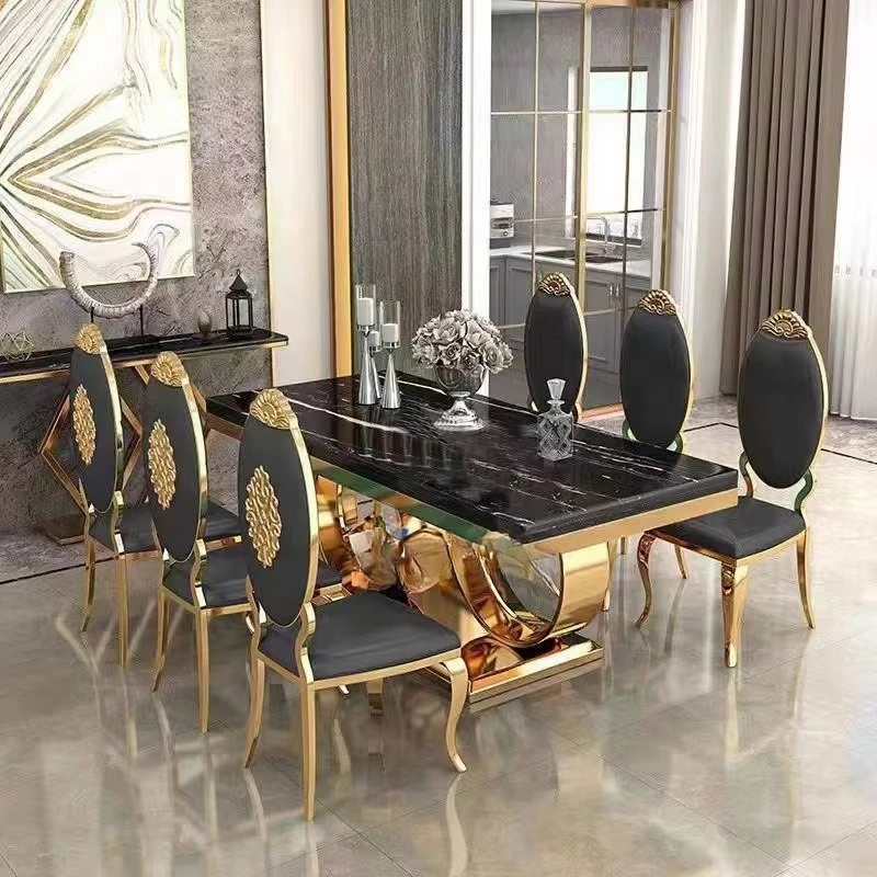 Gold Luxury Modern Waterproof Dining Table Stainless Steel Benz Logo Base Marble Top Dining Table Set for Hotel & Villa Use
