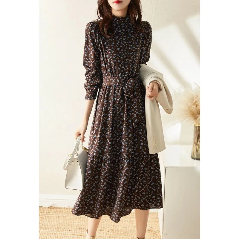 

Elegant Vintage Dresses for Women 2023 Spring Autumn Long Sleeve Midi Women's Swing Chiffon Floral Dress with Belt