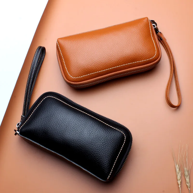 2022 Women's Hand-Held Mobile Phone Bag First Layer Cowhide Cosmetic Bag New European And American Long Large-Capacity Wallet