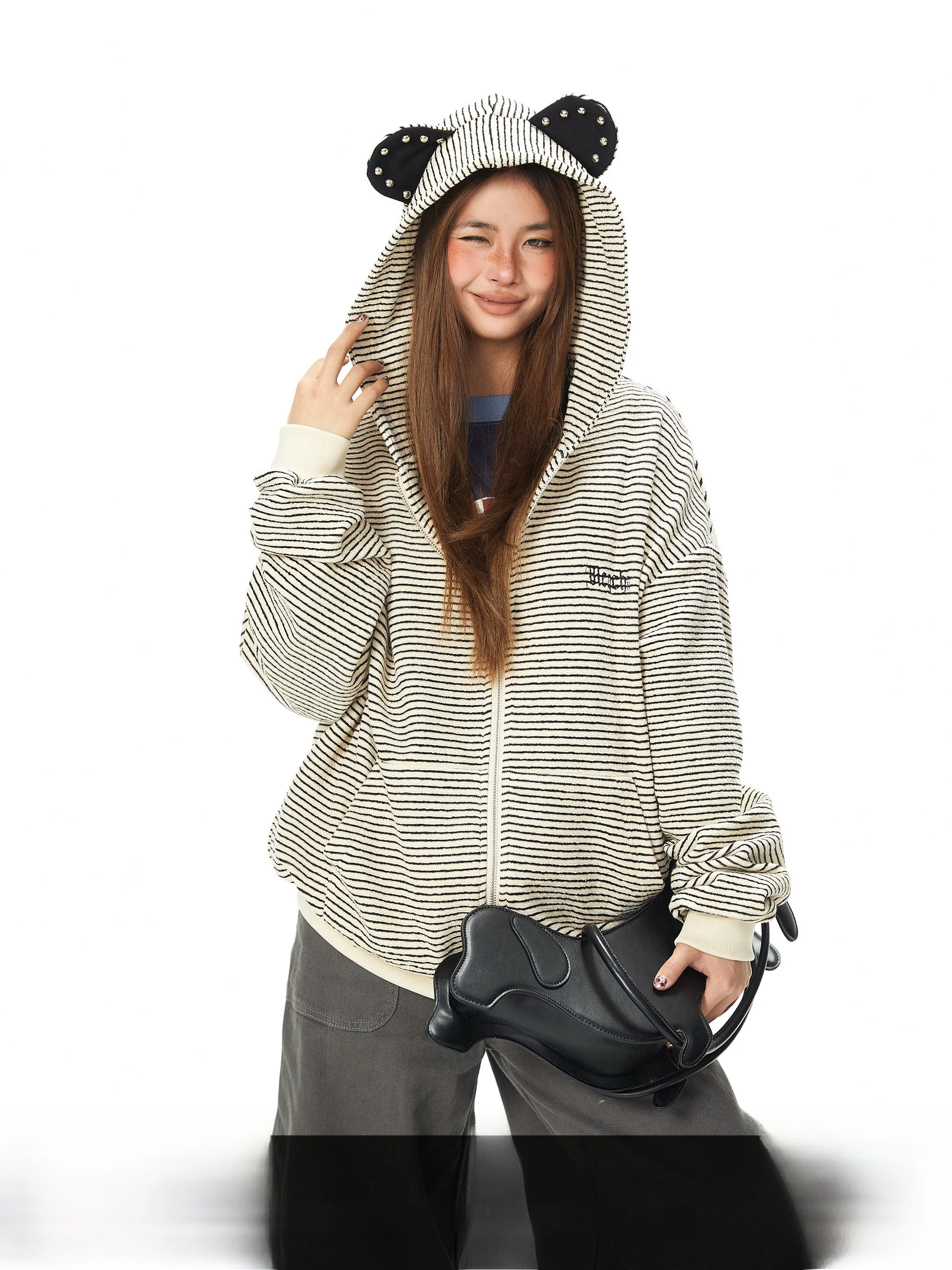 

Blabb Spring New Loose Women's Hoodie Cardigan Embroidered Bear Ear Striped Pattern Lazy Sle Cotton Polyester Blend