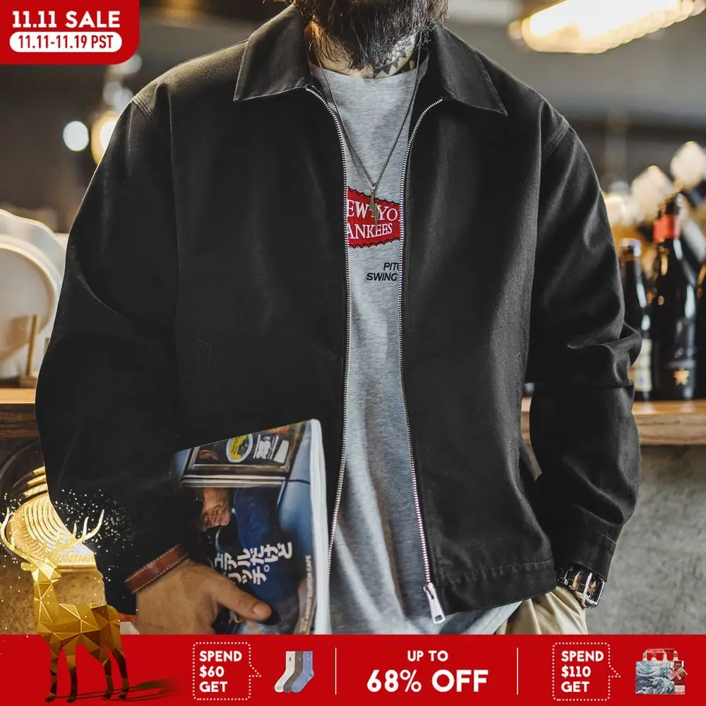 

Maden Men's Vintage Ike Jacket Heavyweight Black Cotton Zip-Up Coat Lapel Collar Casual Outdoor Mountain Jacket for Spring Fall