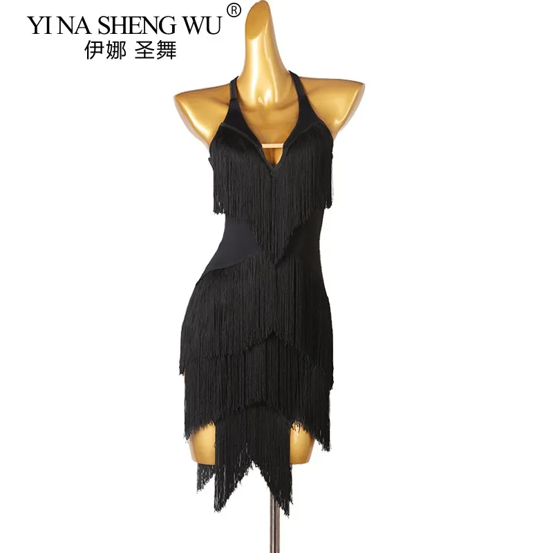 Abito da ballo sexy con frange senza schienale da donna Costume latino Cha Cha Rumba con scollo a V Nappa Abbigliamento da spettacolo Samba Tango Stage Outfit