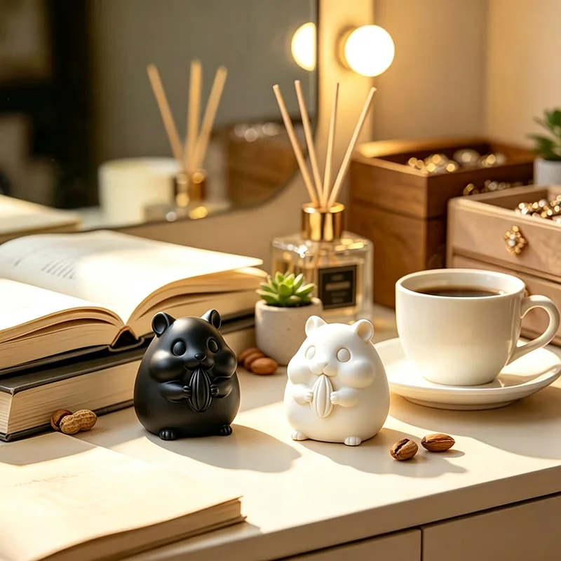 3D Printed Chubby Hamster Holding Nut Figurine Black & White 2 Colors Option Cute Pet Statue Desktop Ornament for Shelf Office