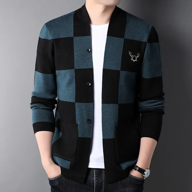 

Men's New Autumn Single-row Button Long Sleeve Knitted Cardigan Youth Korean Plaid Trend Men's Sweater Coat