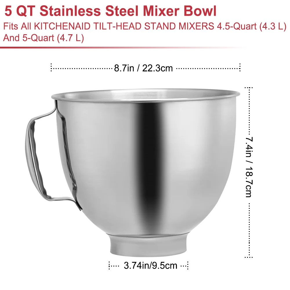 Stainless Steel Mixer Bowl for KitchenAid Artisan&Classic Series 4.5-5 QT Tilt-Head Mixer 5 Quart Mixing Bowl with Handle