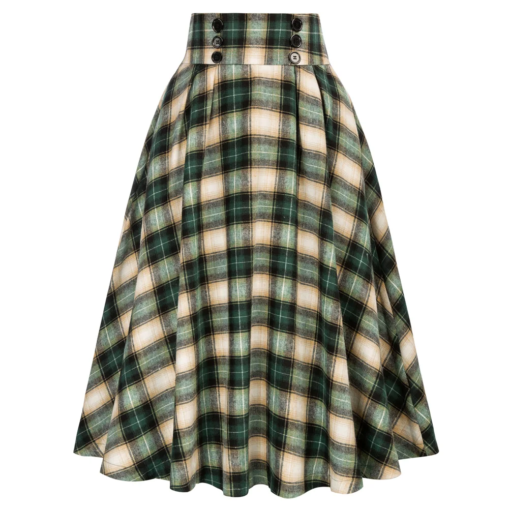 Belle Poque Women Plaid Skirt Elastic High Waist Buttons Decorated A-Line Skirts Knee Length Pleated Midi Skirt With Pockets A30