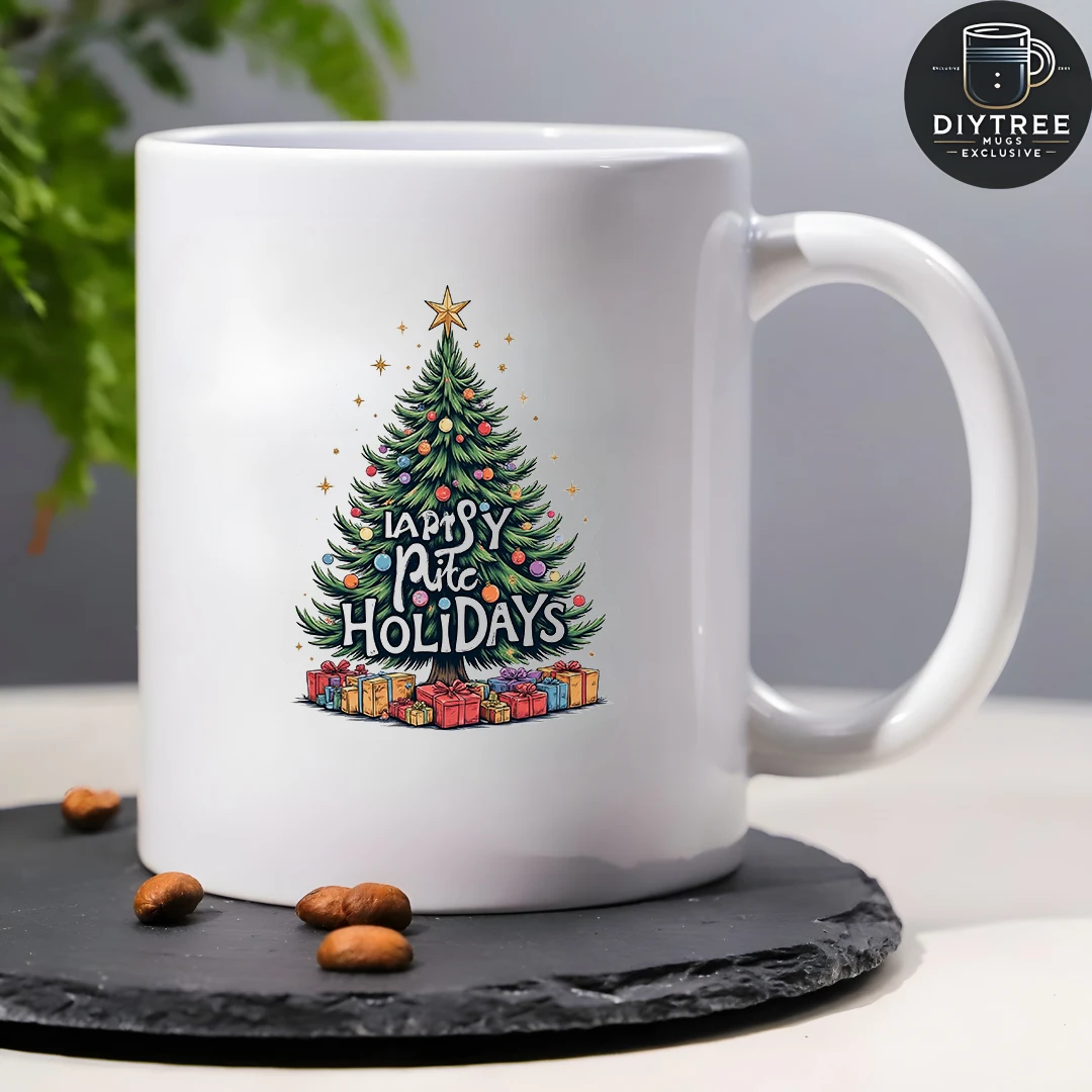 Tazza da 11 once + albero di Natale dei cartoni animati + decorazioni colorate Regalo di Natale Bottiglia d'acqua per bambini Tazza da caffè per ufficio familiare