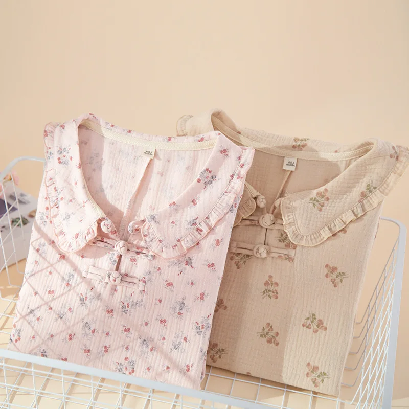 

Cotton Ruffles Doll Collar Nightdress Pajama Dress Floral Printed Cute Sweet Homewear Dresses for Nightwear Women Clothes