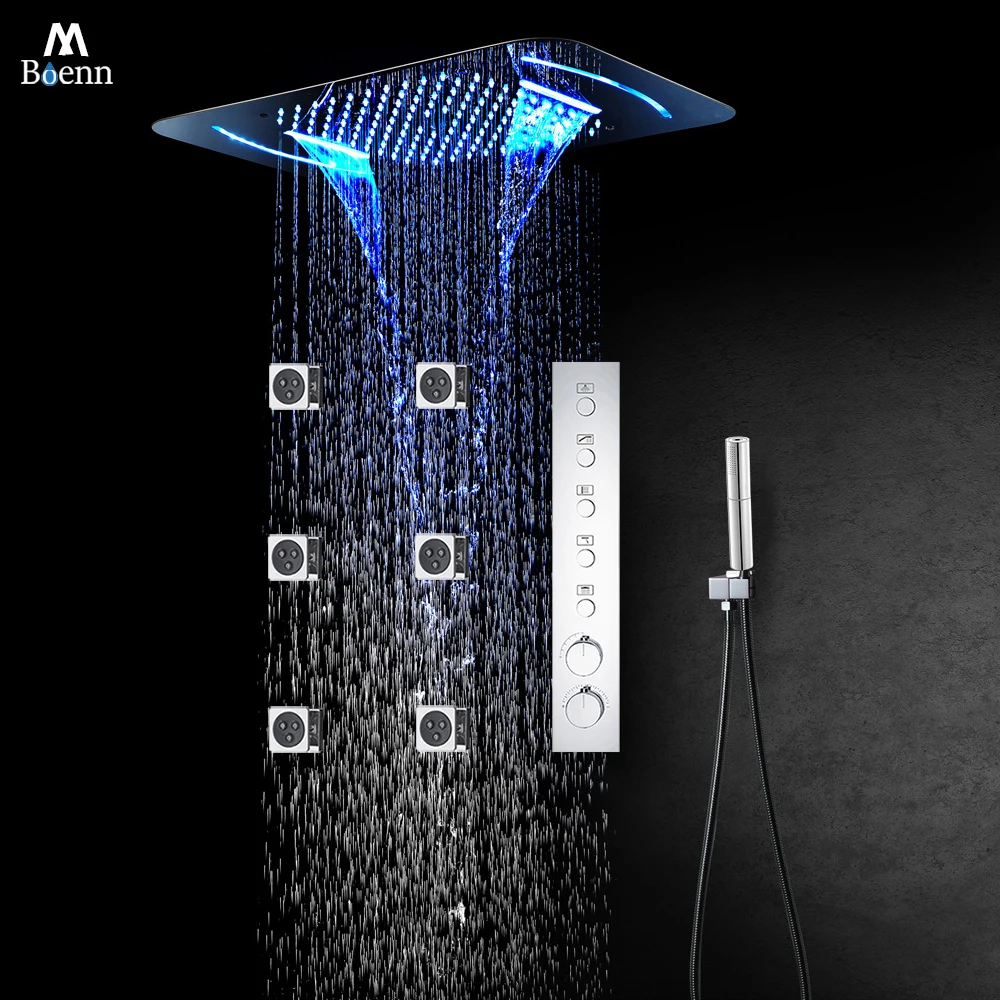 

M Boenn 22.8*14.9 Inch Smart LED Shower Head Luxury Rain Shower Faucet Set Multi Function Black Showers Panel Thermostatic Mixer