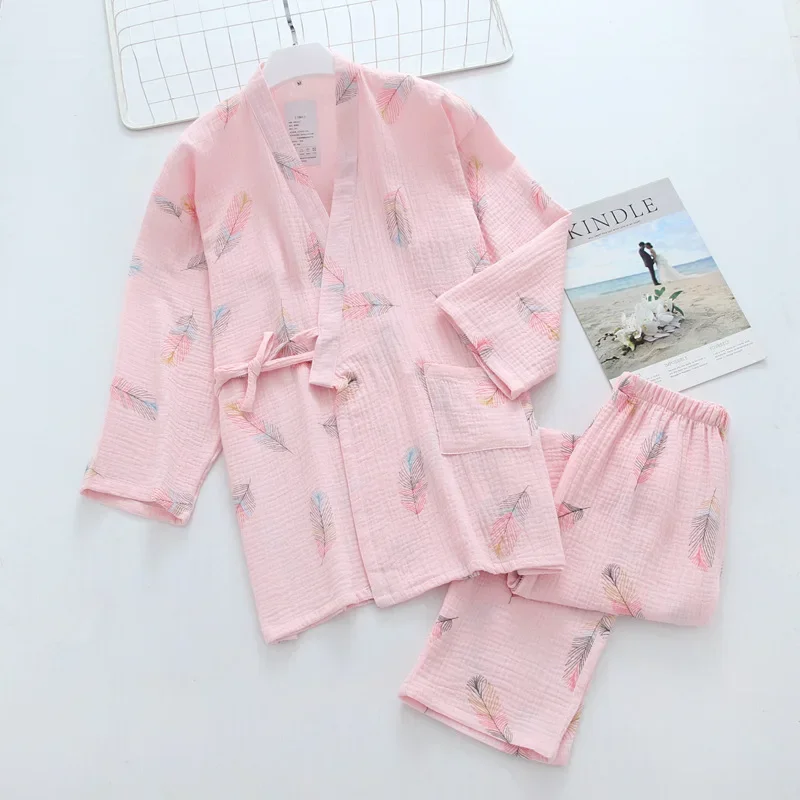 Japanese kimono ladies spring and summer pajamas two-piece three-quarter-sleeved trousers cotton crepe lace home service set