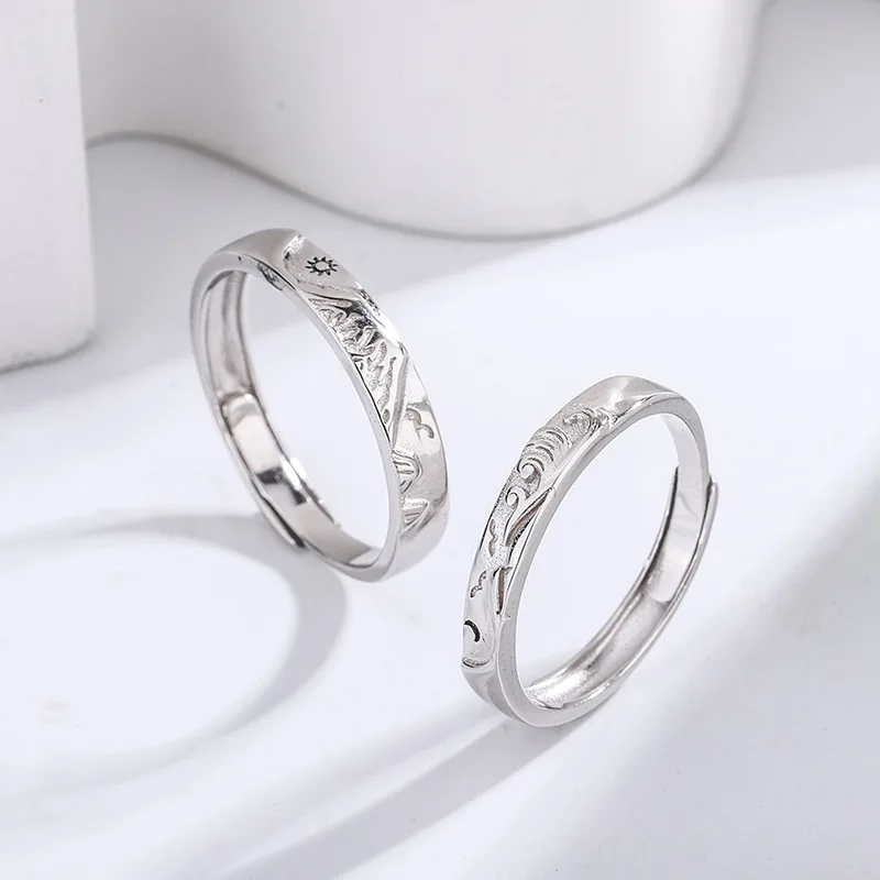 Mountain Sea Series Pure 925 Silver Couples Ring Consist of Majestic Mountain Landscape Pattern Ring and Grand Seaside Pattern