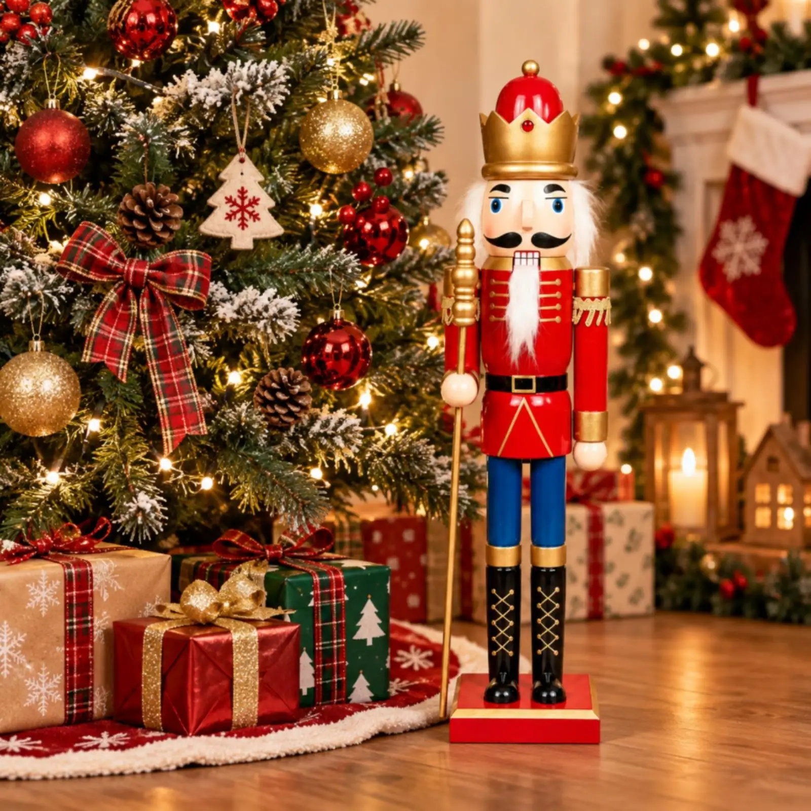 Nutcracker Soldier Decoration 60 Cm Tall Nutcracker with Stick and Crown Holiday Decorations Hand-Painted Freestanding