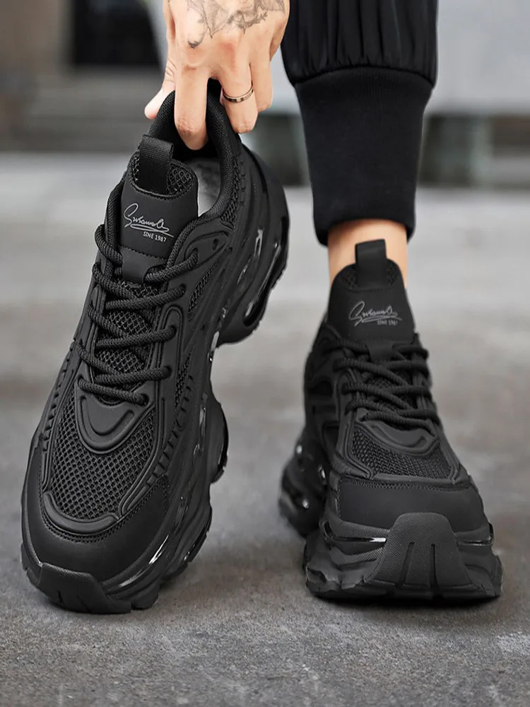 2025 Autumn Winter Men's Elevator Dad Shoes - Leather Upper Fleece Lined Platform Sneakers, Casual Black Warrior Trendy Sports S