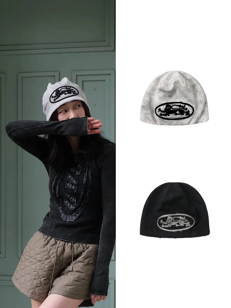 

Street Sle Retro Knitted Hat Small Face Highlighting Sexy Girl Pattern Embroidery Versatile No-Eyebrow Cap Trendy Cotton Ma...