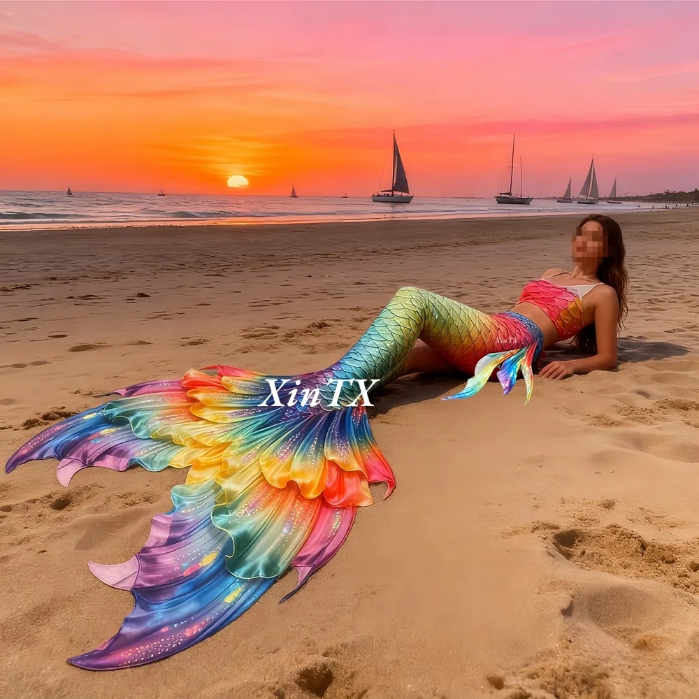 

Mermaid tail rainbow-colored large female tail swimsuit for diving aquarium swimming and seaside photography HD New