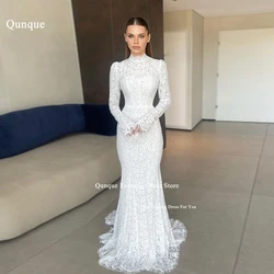 Qunque White Lace Mermaid Wedding Dresses Luxury Bride Dress High Neck Long Sleeves Bridal Gowns Customized Wedding Vestidos