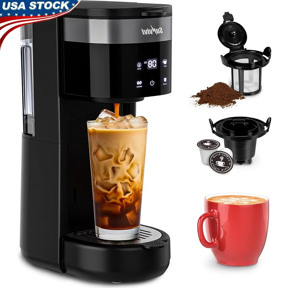 

Single Serve Iced Coffee Maker Touchscreen 3 Brewing Options K Cup Pod Ground Coffee Removable Water Tank Self Cleaning
