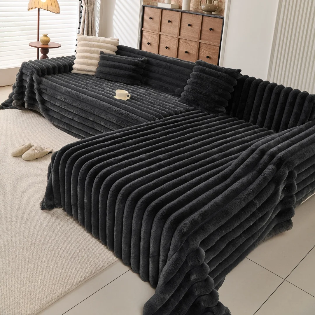Imitations-Kaninchenfell Gestreiftes Plüsch-Sofa-Handtuch Einteilige Sofa-Decke für Wohnzimmer Couch-Handtuch