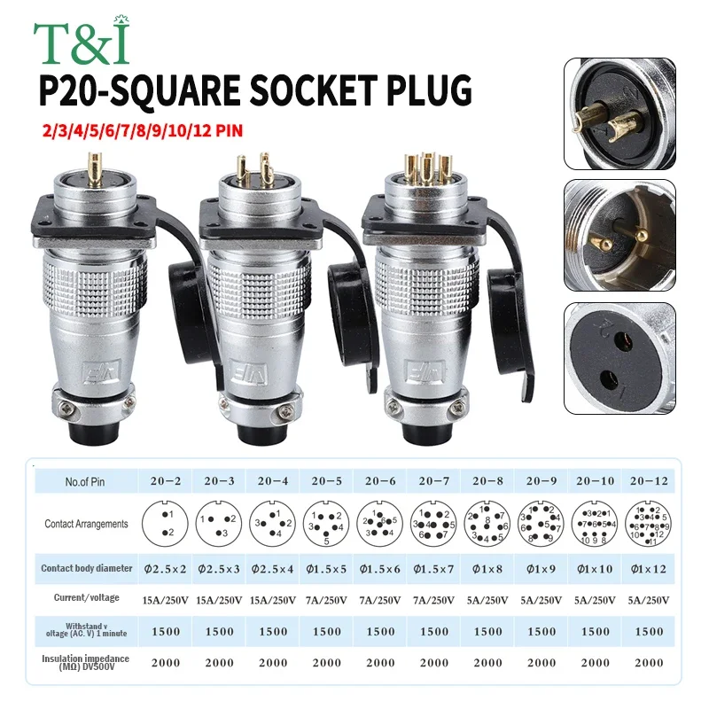 P20 Aviation Plug Square Plate PLS20 2/3/4/5/6/7/8/9/10/12Pin Connector Copper Male Female Connector 20MM Diameter